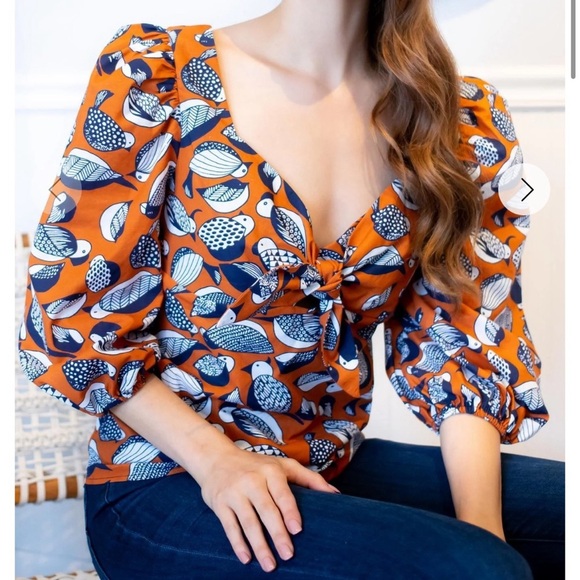 NWT Anthropologie Eva Franco Tropical Sweetheart Puff Sleeve Blouse 6 Bird Print - Picture 1 of 9